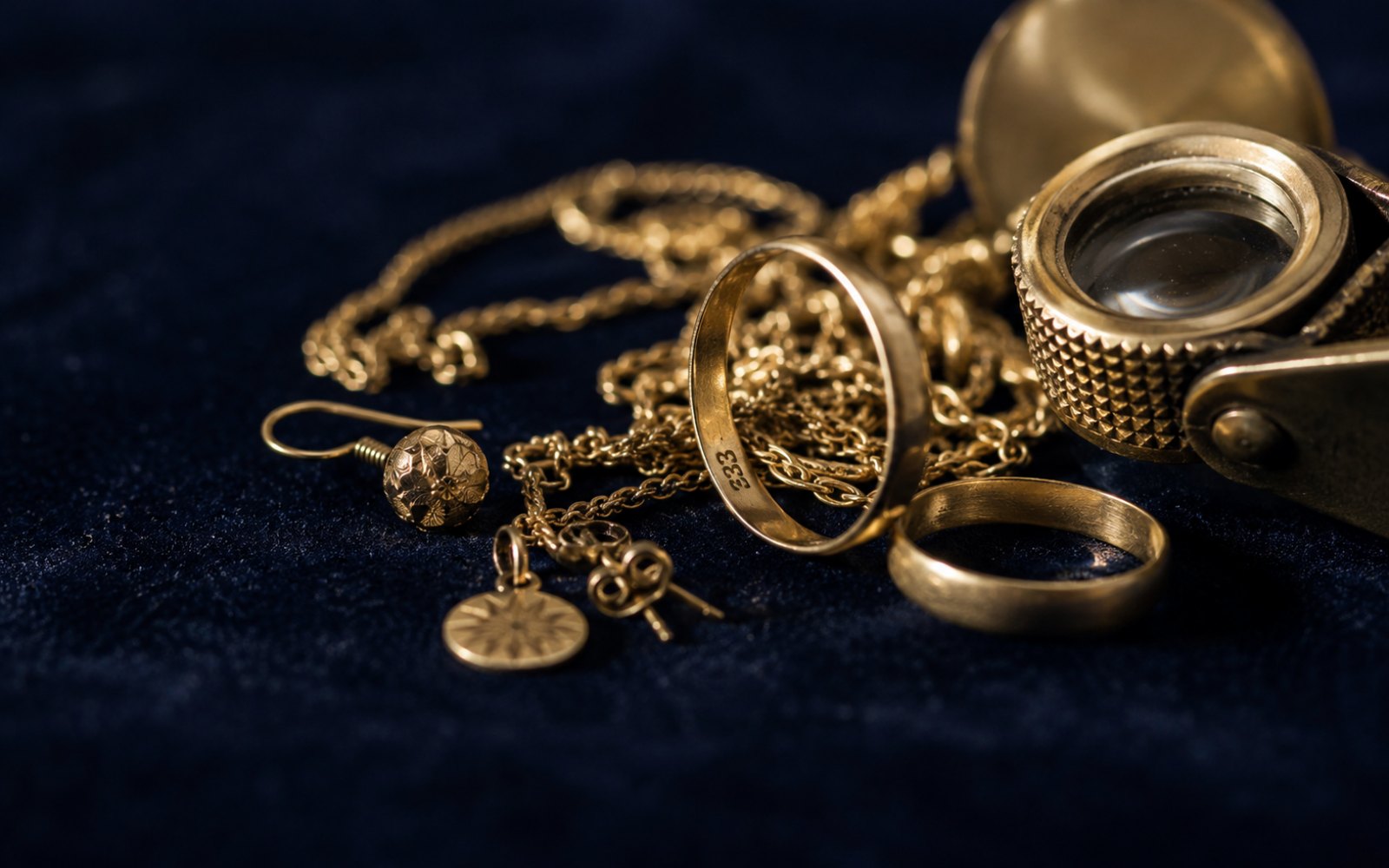 333er Goldschmuck und Bruchgold, Ketten und Ringe mit sichtbarer 333-Punze auf einem Bewertungstableau