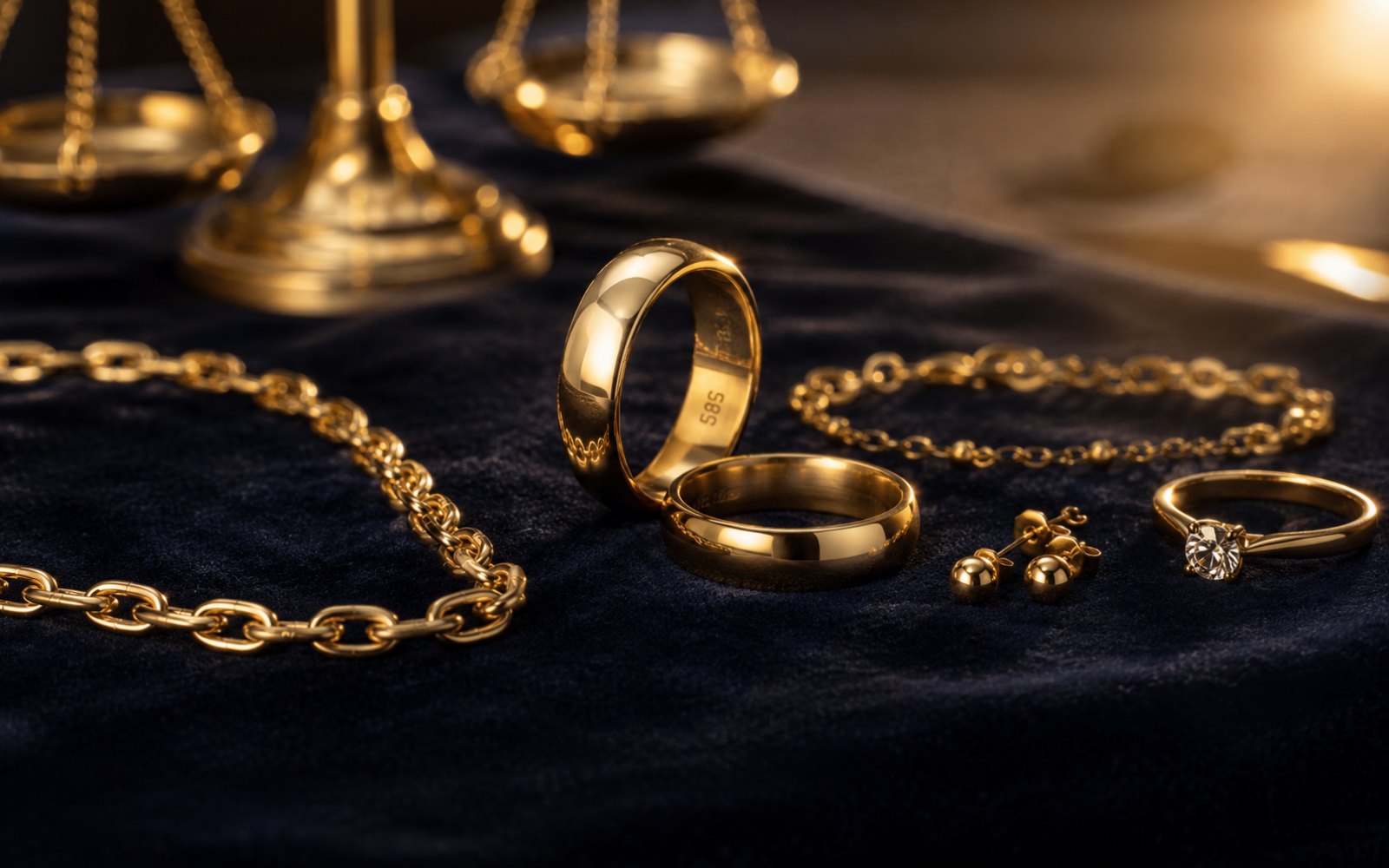 585er Goldschmuck und Bruchgold, Ketten und Ringe mit sichtbarer 585-Punze auf einem Bewertungstableau