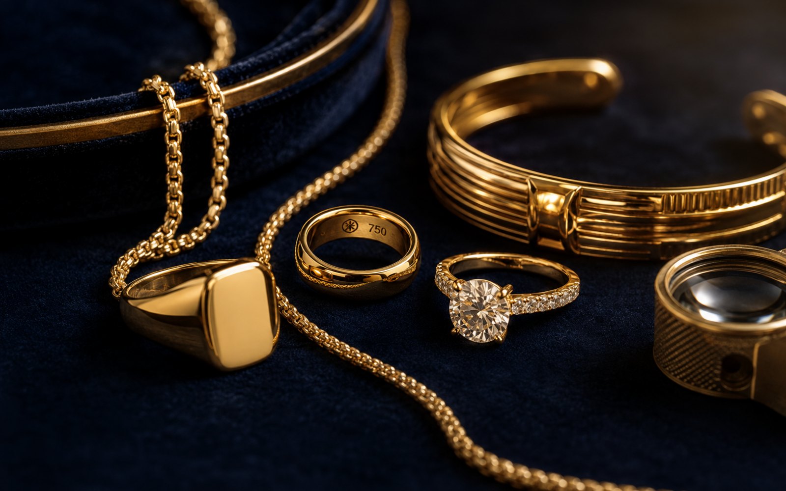 Hochwertiger 750er Goldschmuck, Marken- und Designstücke mit 750-Punze auf einem Bewertungstableau