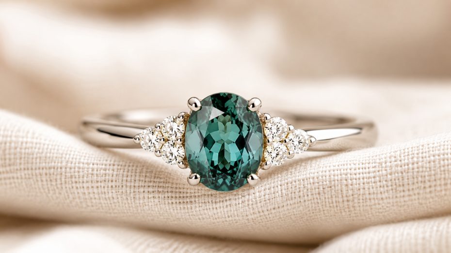 Wei&szlig;goldring mit ovalem gr&uuml;nem Alexandrit und seitlichen Brillanten auf cremefarbenem Stoff
