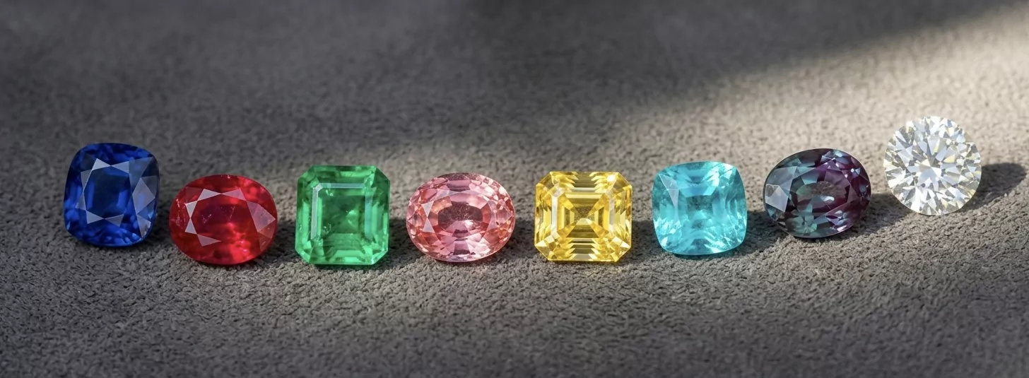 Acht lose Edelsteine in geschwungener Reihe auf grauem Suede angeordnet — Kashmir-Cornflower-Saphir, Burma-Pigeon-Blood-Rubin, Muzo-Smaragd, Padparadscha, gelber Ceylon-Saphir, Paraiba-Turmalin, Alexandrit und 2-Karat Round-Brilliant-Diamant, museum-grade Color-Spektrum.