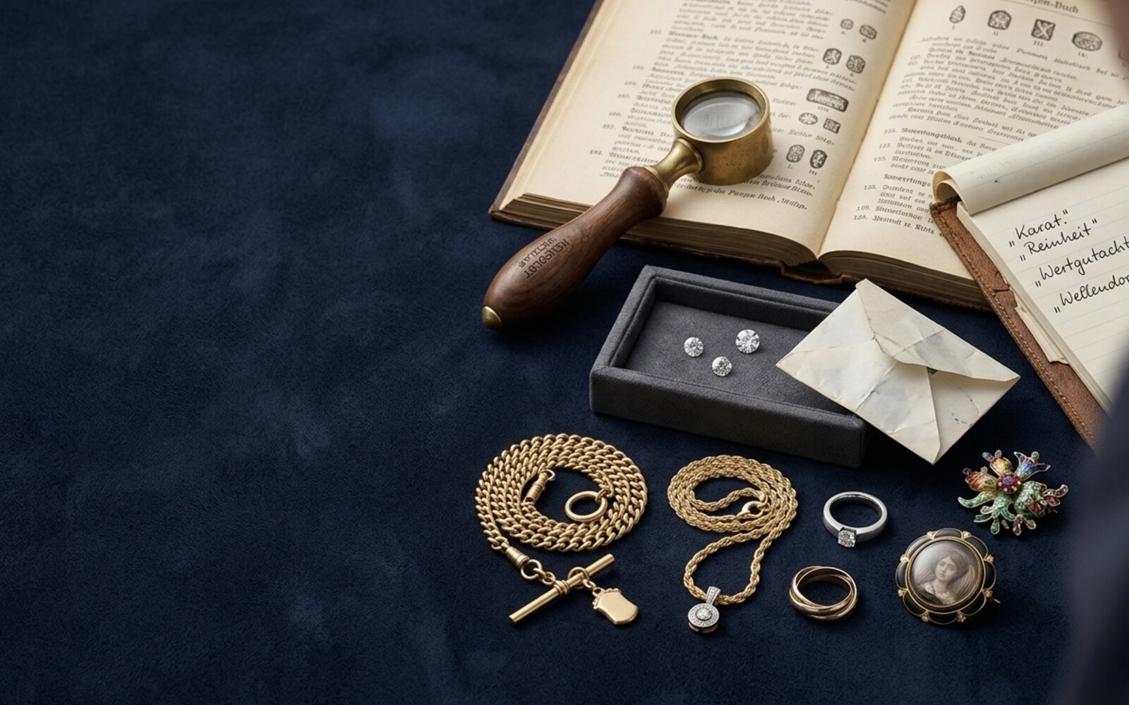 Antikschmuck-Auswahl — Albertkette mit Charivari, Jugendstil-Brosche mit farbigen Steinen, Biedermeier-Medaillon mit Miniaturporträt, Solitärring und Punzen-Buch.