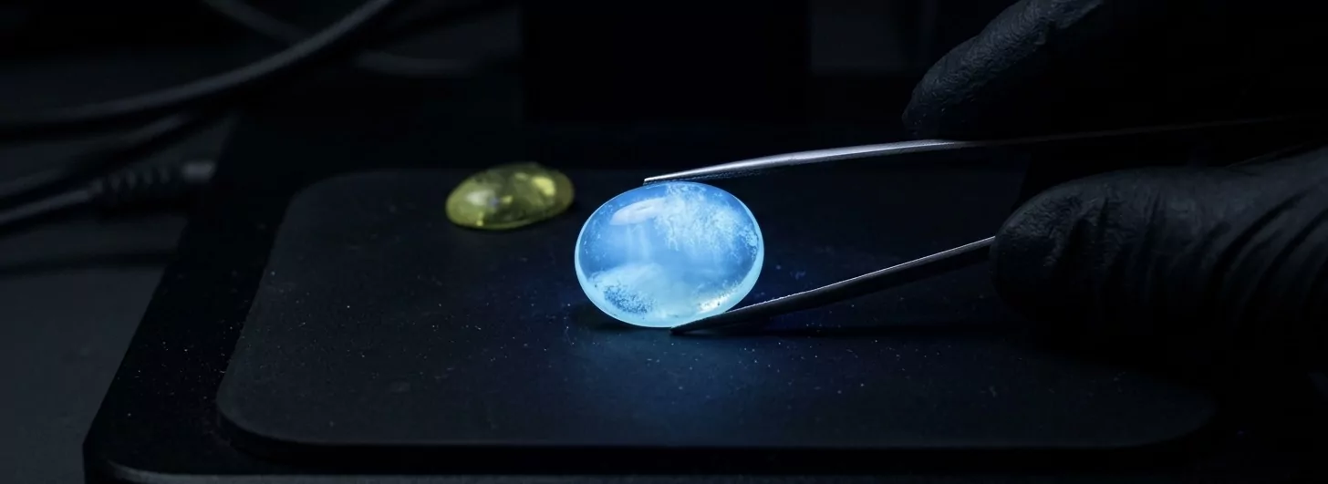 Bernstein-Cabochon unter 365 nm Langwellen-UV mit charakteristisch milchig-blauer Fluoreszenz, zweite Probe zeigt gelb-grüne Pressbernstein-Fluoreszenz zum Vergleich, schwarze Pinzette einer Gemmologen-Hand fasst den Stein, forensisch-wissenschaftliche Ästhetik.