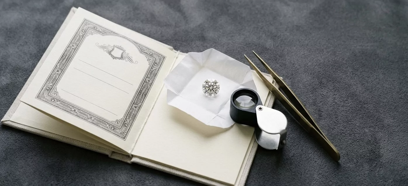 Editorial-Flat-Lay mit geöffnetem gemmologischem Zertifikat-Booklet, einem 1,5-Karat Round-Brilliant-Diamant in weißem Parcel-Papier daneben, schwarze Belomo-Triplet-Lupe und Messing-Pinzette, kalibriertes 5500K Tageslicht, museum-grade Dokumentations-Setup.