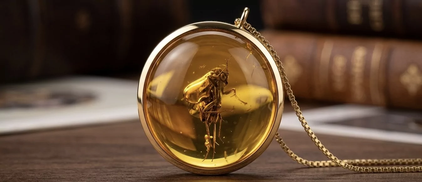 Bernstein-Solit&auml;r-Anh&auml;nger mit deutlich sichtbarem Insekten-Einschluss in honiggoldener Cabochon-Form, gefasst in 18-Karat Gelbgold mit feiner Box-Kette auf dunkler Holzfl&auml;che vor antiken B&uuml;chern.