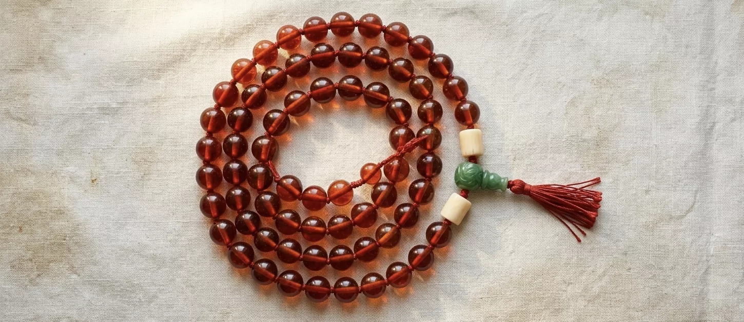 Tibetisch-buddhistische Mala-Gebetskette mit 108 dunkel-cognacroten Bernstein-Perlen auf rotem Seidenkordel — Jade-Guru-Perle und cremefarbene Counter-Beads, der asiatische Sammler-Markt seit 2014.