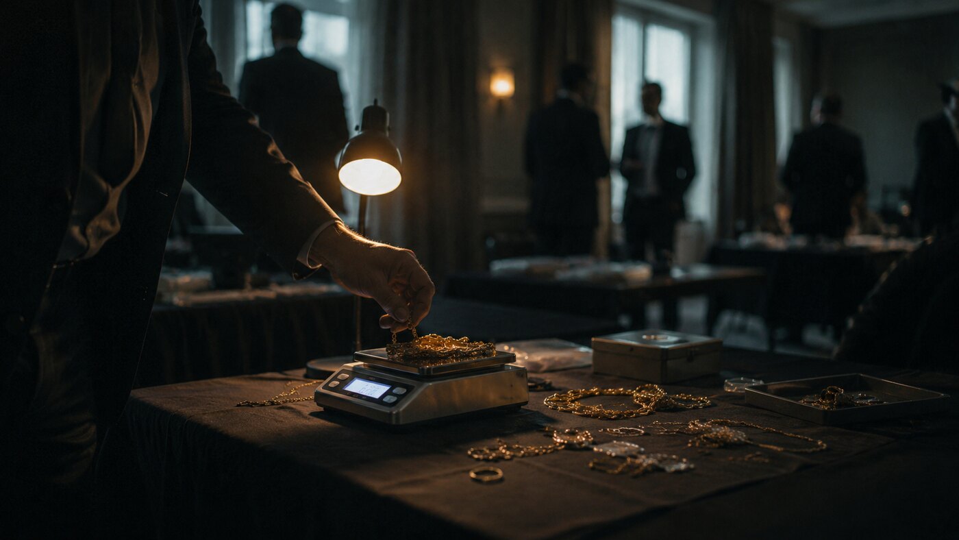 Hotel-Konferenzraum mit Klapptisch, digitaler Schmuckwaage und Goldketten