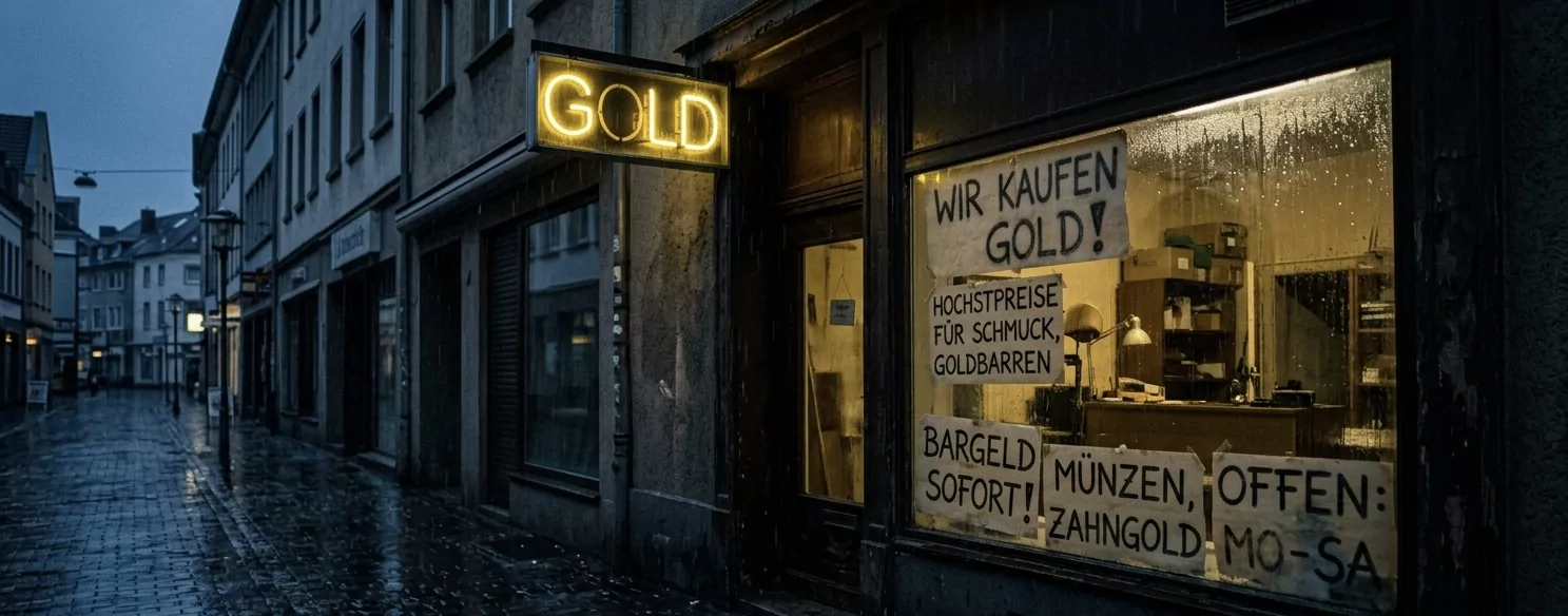 Dubioser Goldankauf-Laden bei nassem Berliner Regen-Dämmerung mit flackerndem gelbem GOLD-Neonschild über schäbiger Tür, handgemalte Schilder „WIR KAUFEN GOLD! BARGELD!" hinter beschlagener Scheibe, Edward-Hopper-Neue-Sachlichkeit-Ästhetik.
