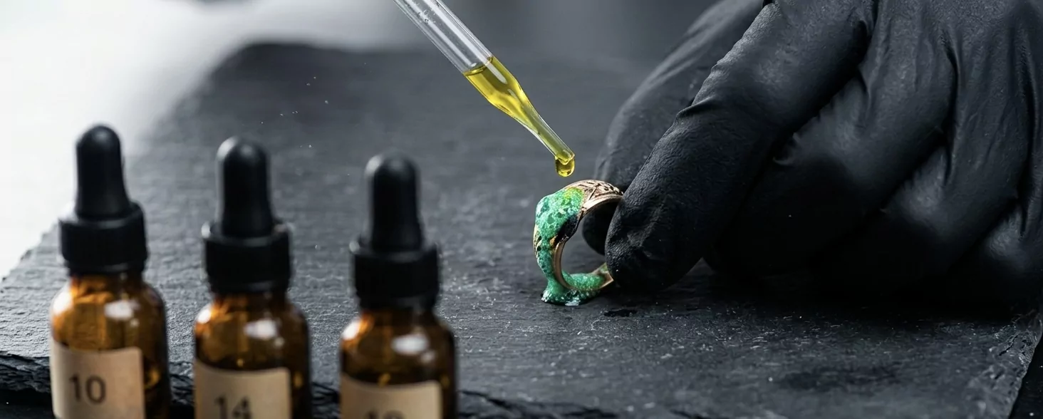 Schwarz behandschuhte Hand mit Glaspipette beim Säuretest auf einem Goldring — die getestete Stelle verfärbt sich sichtbar grün (Falsch-Gold-Reaktion), drei kleine Tropfflaschen mit Etiketten 10/14/18 im Vordergrund, forensische Dokumentations-Ästhetik.