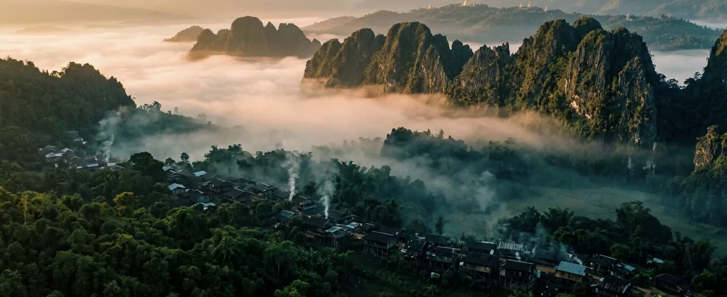 Mogok-Tal in Oberbirma bei Morgendämmerung — Karst-Kalksteinhügel ragen aus Monsunnebel, traditionelle Stelzenhäuser aus Teakholz im Tal, ferne Pagodenspitzen am Horizont.