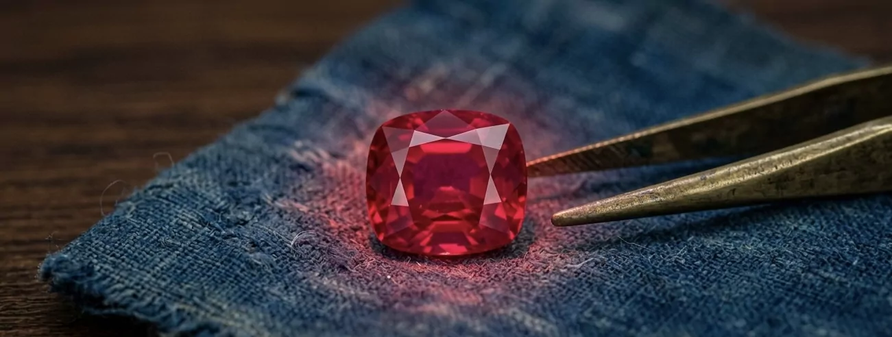 Unbehandelter Mogok Pigeon-Blood-Rubin im Cushion-Cut, 3 Karat, auf indigo-blauem Seidentuch — tiefes Taubenblutrot mit Messing-Pinzette, klassische Gübelin-Catalogue-Ästhetik.