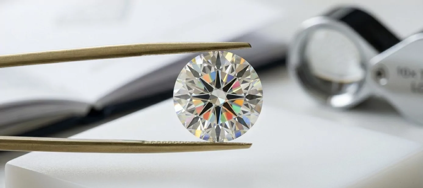 Zwei-Karat Round-Brilliant-Diamant in Messing-Pinzette — Tolkowsky-Schliff mit Hearts-and-Arrows-Muster, sichtbare Spektralfeuer-Dispersion, 10-fach-Triplet-Lupe im Hintergrund.