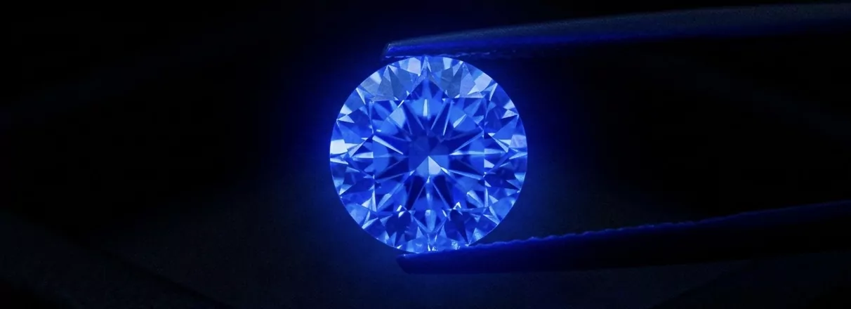 1,5-Karat Round-Brilliant-Diamant unter 365 nm Langwellen-UV-Licht in pechschwarzem Raum — intensive elektrisch-blaue Fluoreszenz, wissenschaftliche Spezimen-Ästhetik.