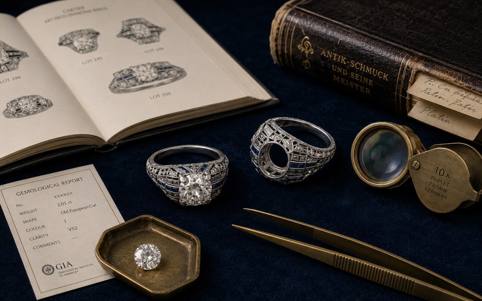 Cartier Art-déco-Brillantring mit calibré-Saphiren und separater Platin-Fassung — daneben Cartier-Auktionskatalog, 10×-Lupe und GIA Gemological Report.