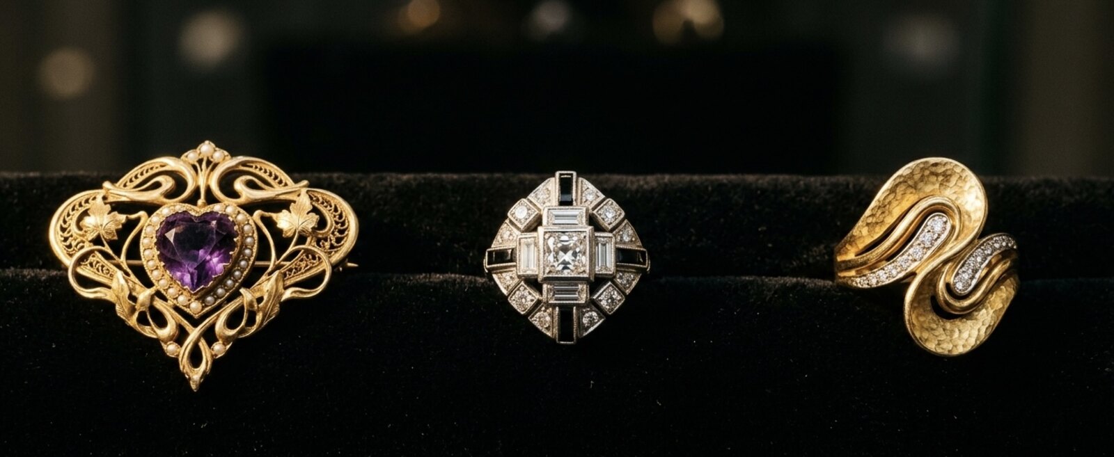 Jugendstil-Brosche, Art-déco-Ring und Mid-Century-Ring auf dunklem Samt.
