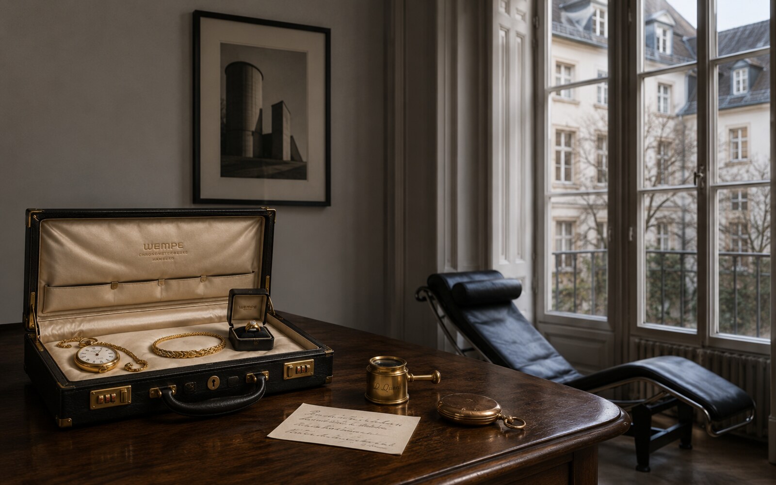 Hausbesuch in Düsseldorf-Carlstadt &mdash; Wempe-Lederaktentasche mit goldener Taschenuhr und antikem Halsband, Blick auf Hinterhof durch Sprossenfenster.