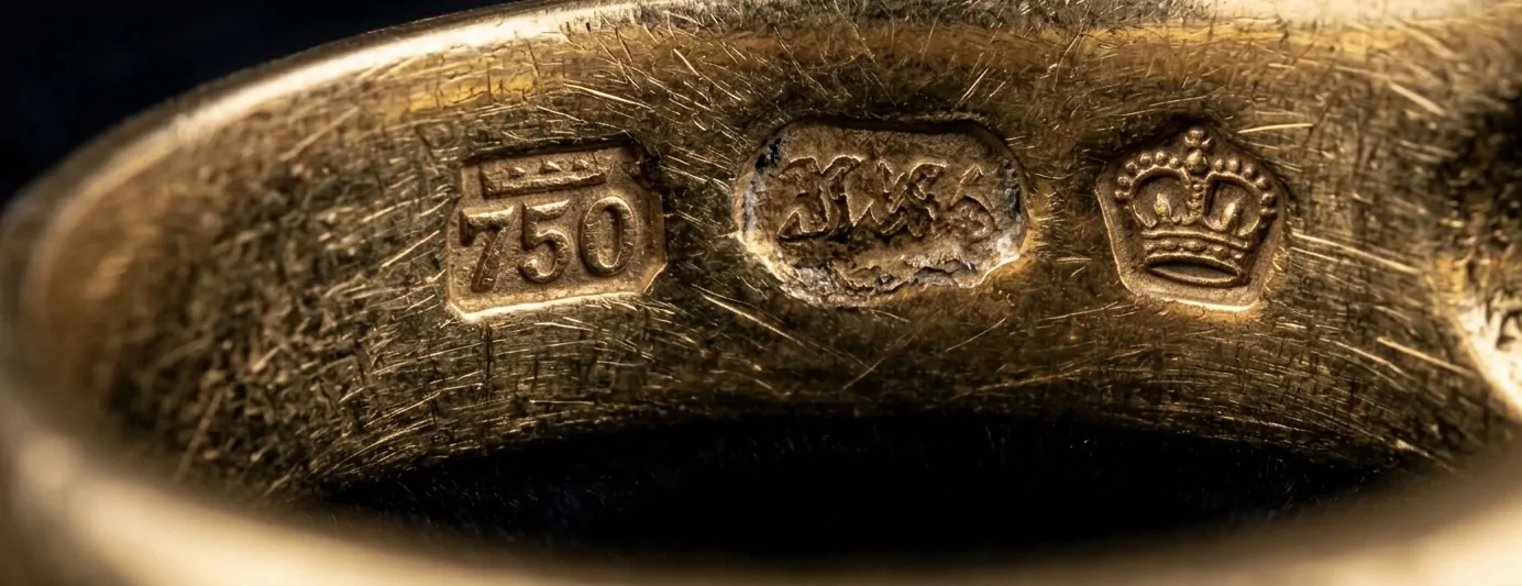 Extreme Makroaufnahme der Innenseite eines antiken Goldrings — 750er Feinhalts-Punze, Meistermarke in ovaler Kartusche, kleiner Assay-Office-Kronstempel, spiegelpolierte Goldfläche, museum-grade-Detail.