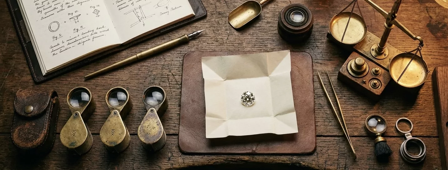 Juwelier-Bewertungstisch in Eichenholz von oben — drei antike Messing-10×-Triplet-Lupen, feine Pinzette, Messing-Kippwaage mit Gewichten, Leder-Notizbuch mit Tintennotizen, einzelner Old-European-Cut-Diamant auf Parcel-Papier.