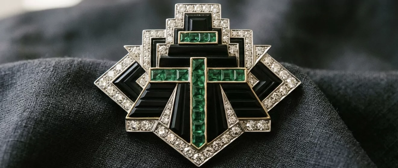 Art-déco-Brosche von 1925 auf dunkelgrauer Naturseide — präzise geometrische Stufen-Pyramide aus geschnitztem schwarzem Onyx, calibré-cut Smaragden, Weißgold und pavé-set Old-Mine-Diamanten in strenger Symmetrie, Tamara-de-Lempicka-Cartier-Library-Ästhetik.