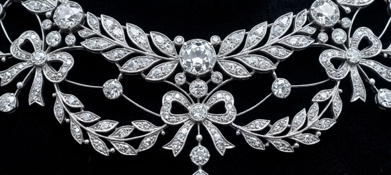 Belle-Époque-Platindiamant-Garland-Collier um 1905 auf tiefschwarzem Velvet — feine Millegrain-Kanten, Marquise- und Old-European-Schliff-Diamanten in Lacework-Mustern als Lorbeerblätter und Schleifen, Cartier-Smithsonian-Archival-Ästhetik.