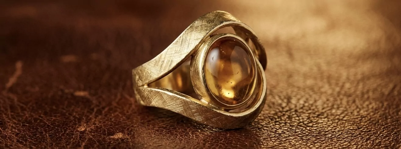 1960er-Jahre Mid-Century Cocktail-Ring auf warmem Cognac-Leder — sculptural geformte 18-Karat Gelbgold-Band-Schlaufe mit hand-gebürsteter Florentiner-Textur um einen großen Cabochon-Schliff-Citrin in honiggoldener Farbe, mid-century-modern editorial Ästhetik.