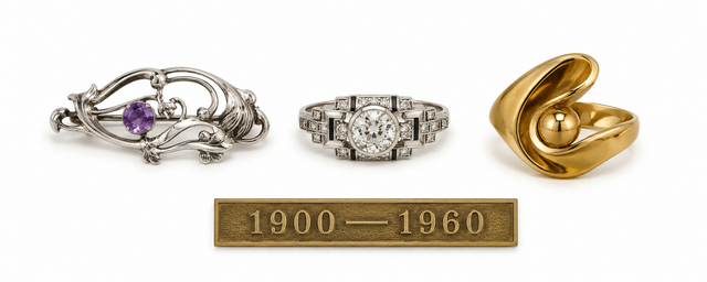Drei Schmuck-Epochen — Jugendstil-Brosche, Art-déco-Ring und Mid-Century-Ring