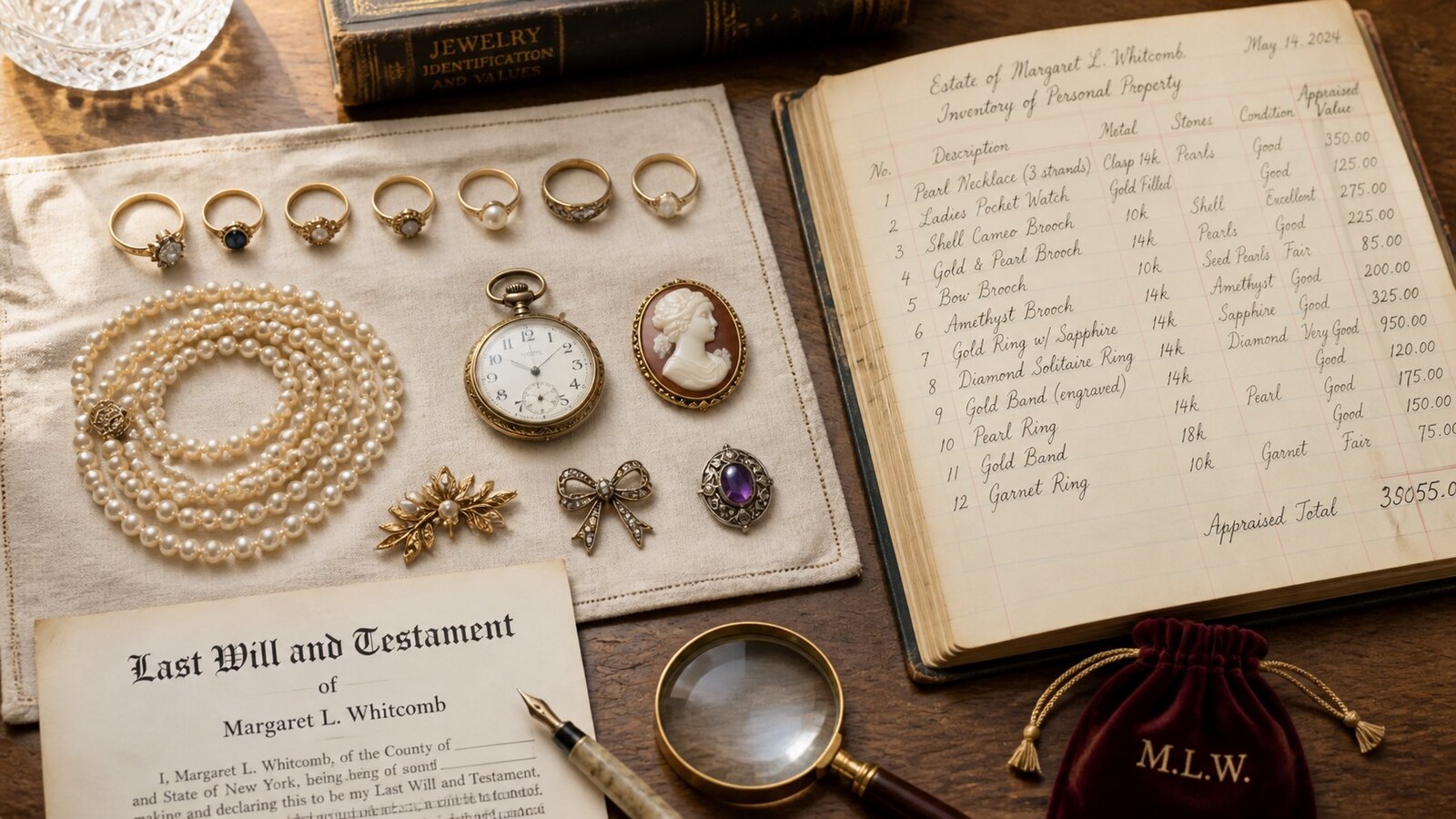 Geöffnete antike Schmuckkassette mit Perlenkette, Ringen und Goldketten neben Testament und Inventarbuch