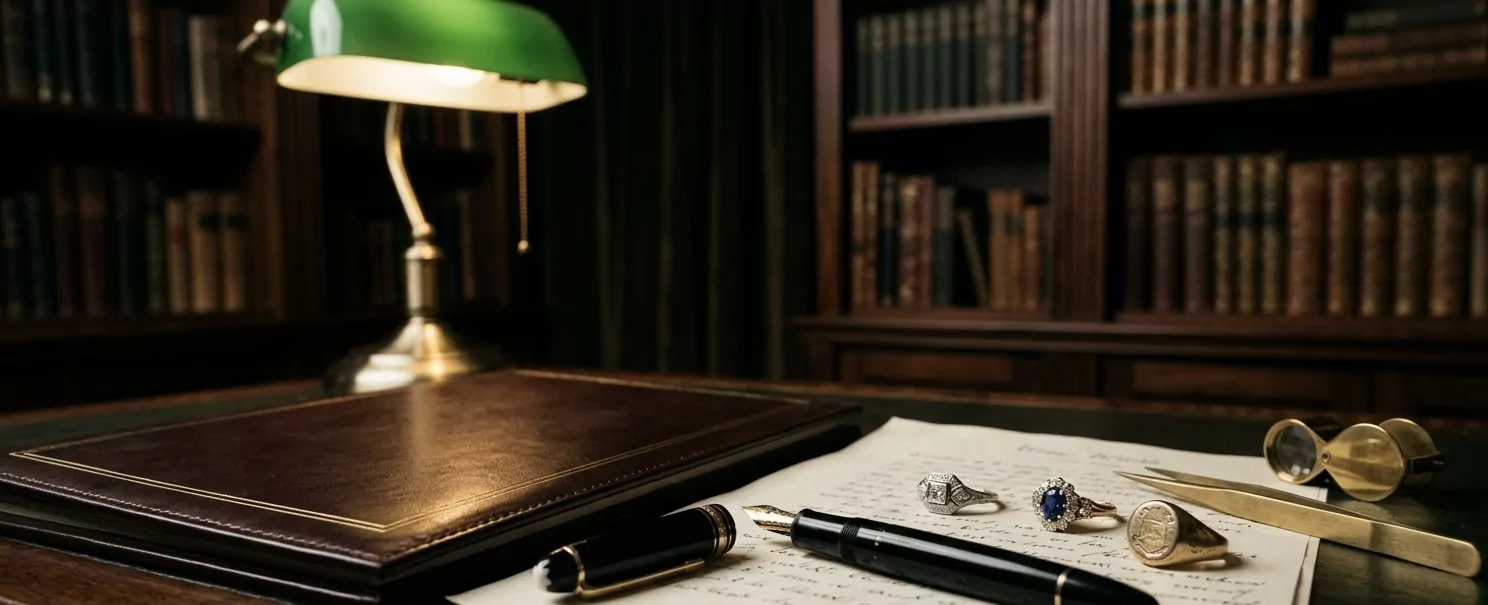 Bibliotheks-Schreibtisch mit grüner Bankerlampe — handschriftliche Testamentsseiten, geschlossene Cordovan-Leder-Bewertungsmappe, Montblanc-Füller, Messing-Lupe, drei Nachlass-Ringe auf den Dokumenten arrangiert.