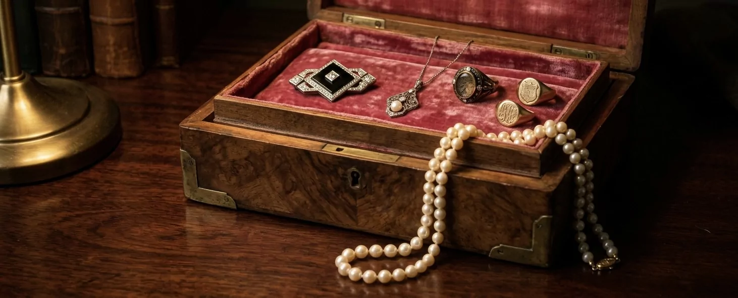 Über hundert Jahre alte Schmuckschatulle aus Wurzelnussbaum mit Messing-Eckbeschlägen — geöffnet auf himbeerfarbenem Seidenvelour, Art-Déco-Onyx-Brosche, edwardianisches Perlpendant, viktorianische Trauerringe.