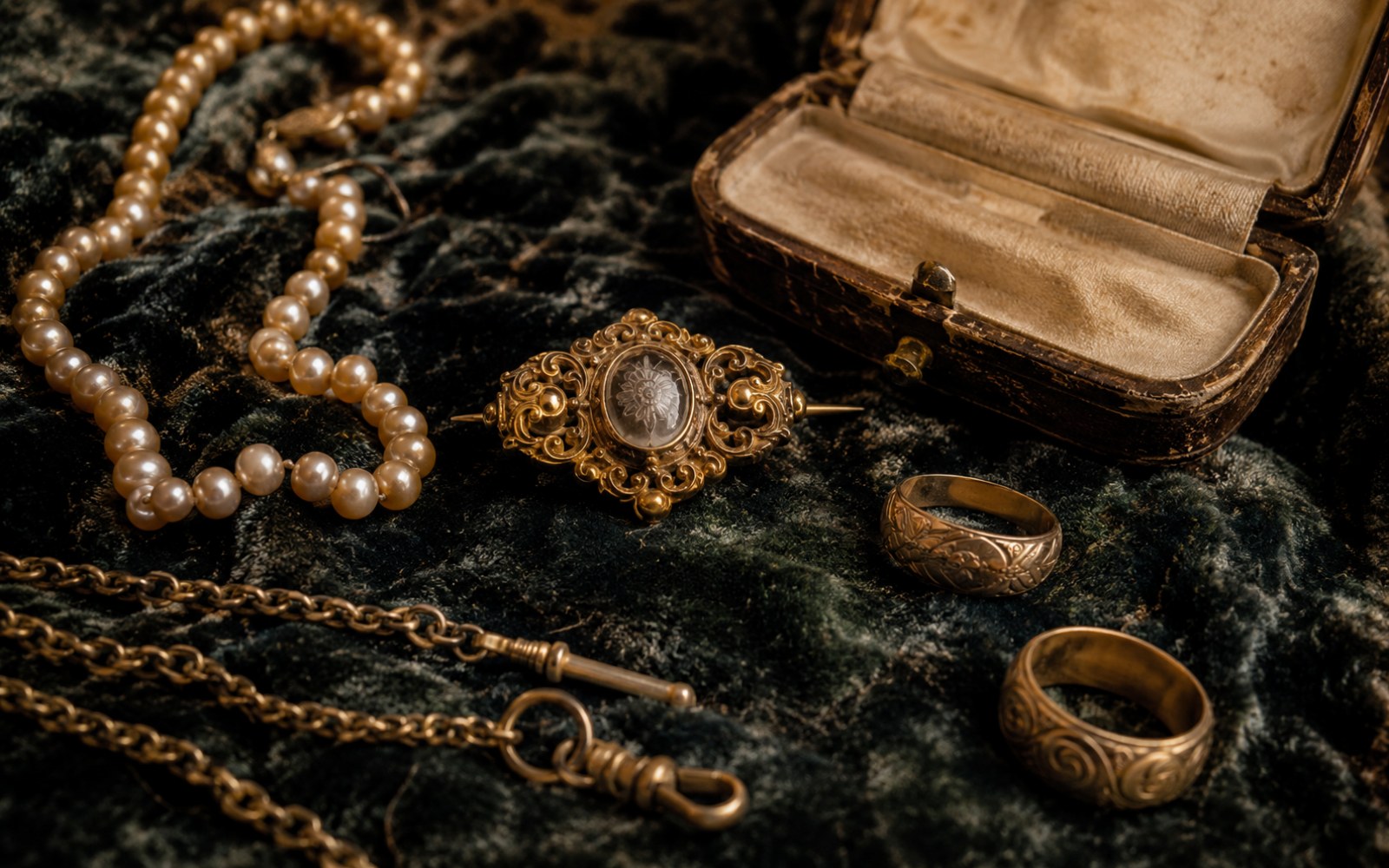 Geerbter Schmuck aus einem Nachlass, antike Ringe und Colliers auf dunklem Samt