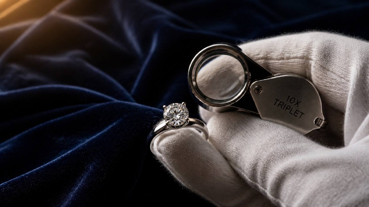 Schmuckexperte begutachtet einen Diamantring mit der Lupe