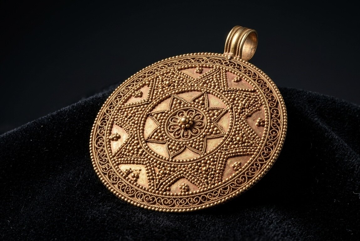 Etruskischer Goldanhänger mit feiner Granulation — mikroskopische Goldkugeln in Rosetten- und Sternenmustern, auf schwarzem Samt.