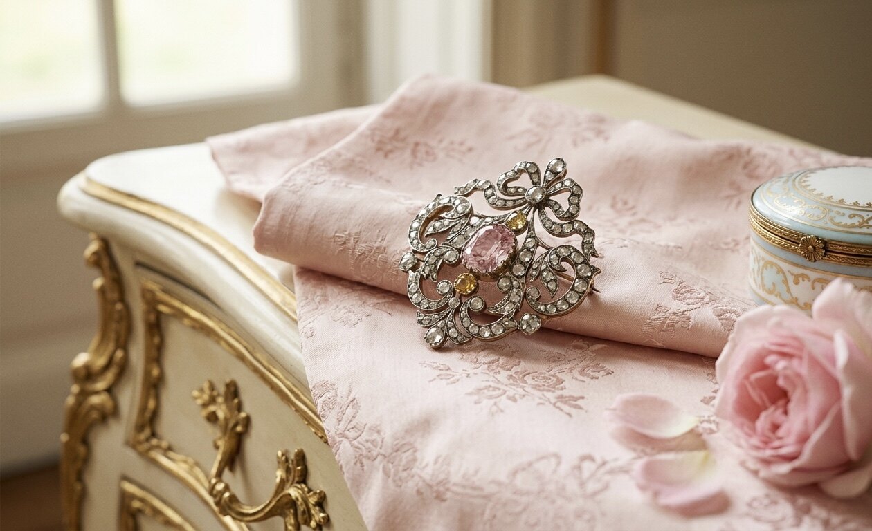 Rokoko-Sévigné-Brosche — rosa Topas und Diamanten in silbergefasstem Gold mit Schleifen-Motiv, auf rosa Damastseide vor Rokoko-Kommode.