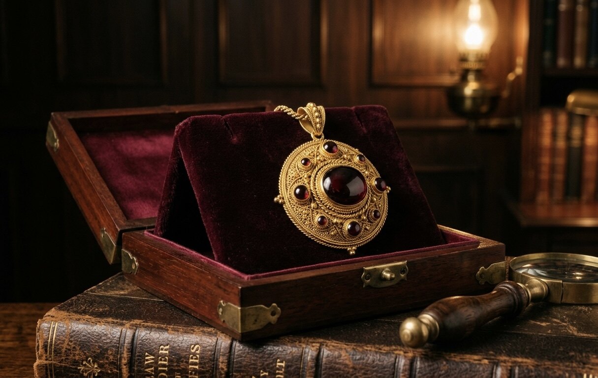 Etruscan-Revival-Anhänger im Castellani-Stil um 1880 — Gelbgold mit Granulation und Filigran, großer Granat-Cabochon, in Samt-Schmuckkassette.