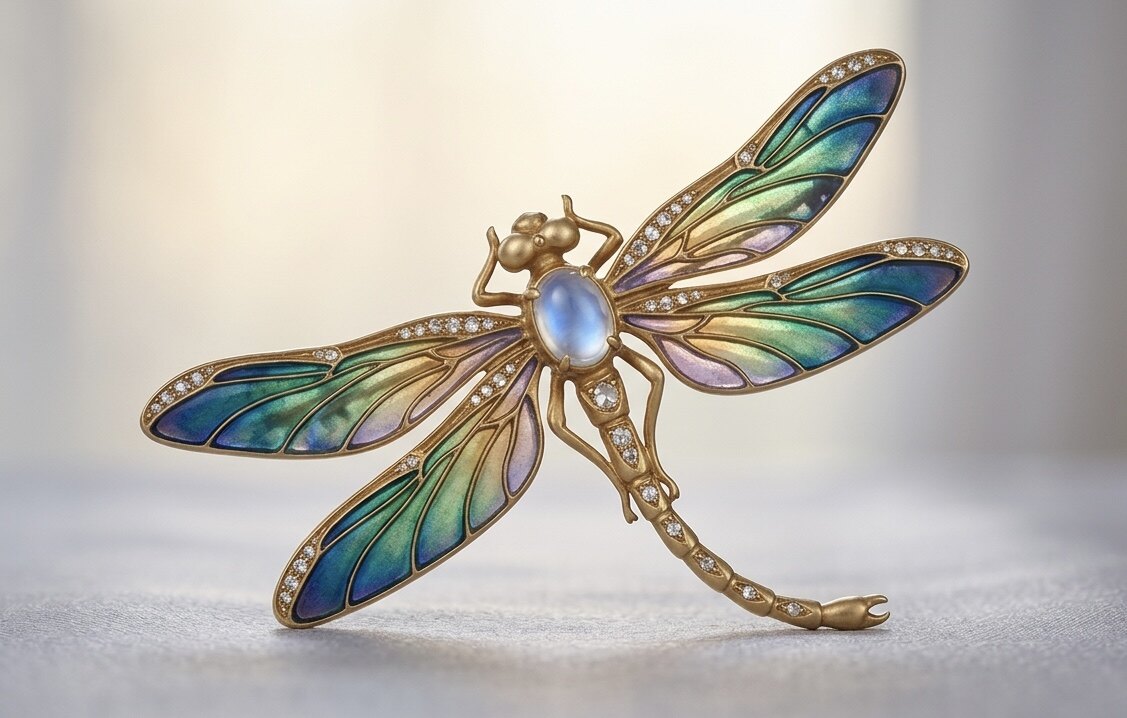 Jugendstil-Libellenbrosche im Stil Lalique — Gold mit plique-à-jour-Email in Pfauenblau, Smaragdgrün, Lila, Mondstein-Körper, hinterleuchtet.