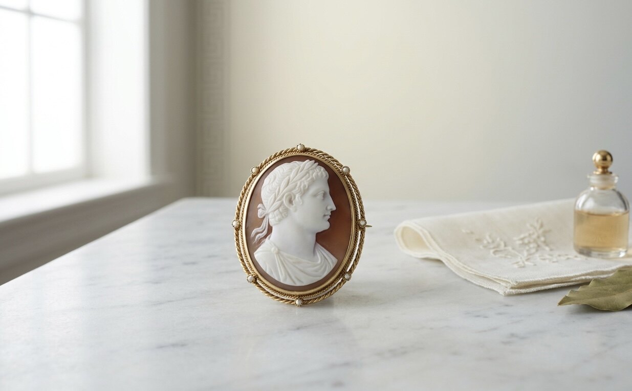 Klassizistische Cameo-Brosche um 1820 — Sardonyx-Cameo mit Götterprofil in Goldfassung mit Saatperlen, auf Carrara-Marmor.