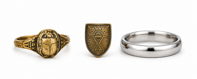 Schmuckgeschichte — antiker Skarabäus-Ring, Sanduhr-Plakette und moderner Trauring
