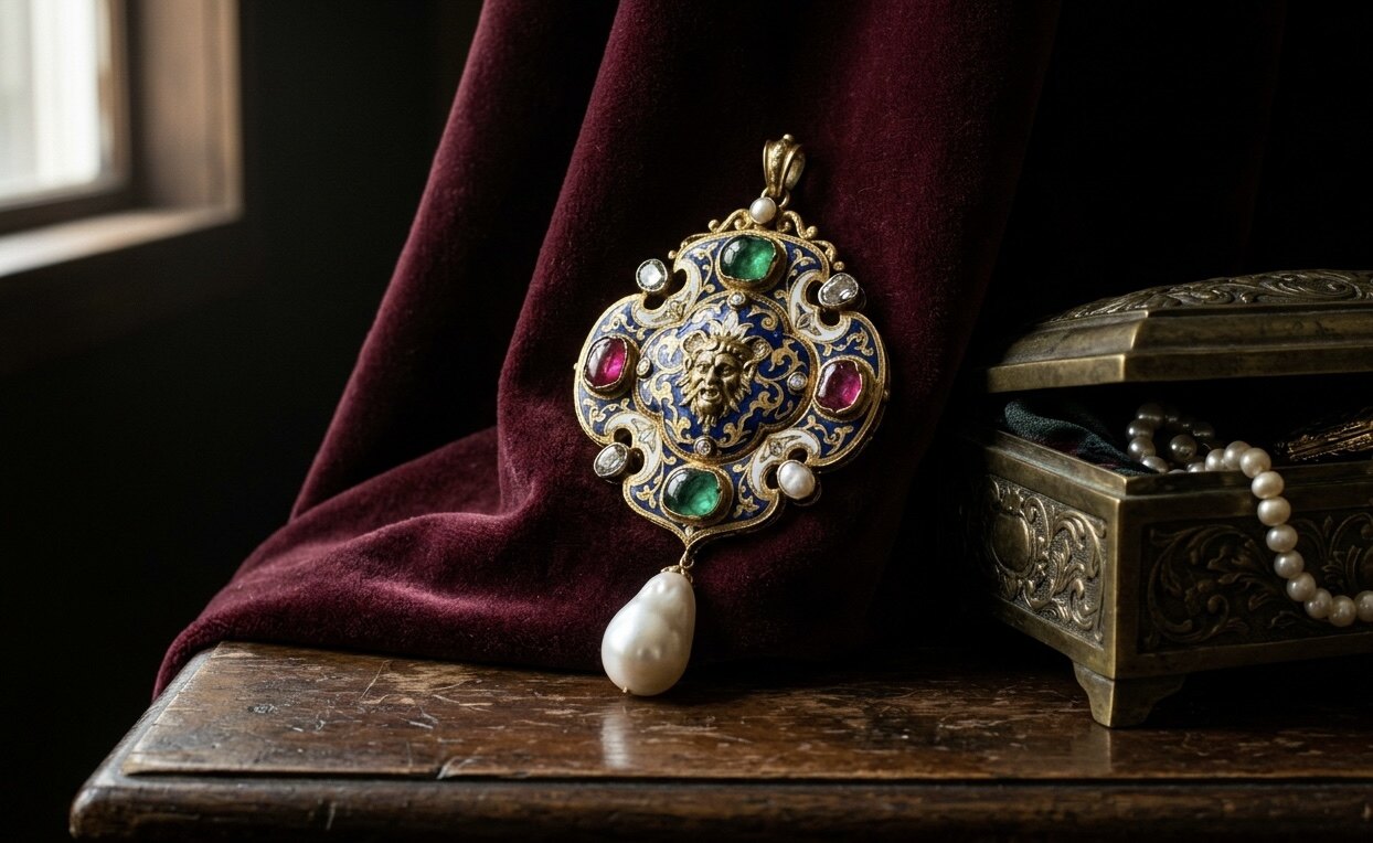 Renaissance-Anhänger mit Email, Smaragd- und Rubin-Cabochons, Grotesken-Maske und Barockperlen vor burgunderfarbenem Samt.