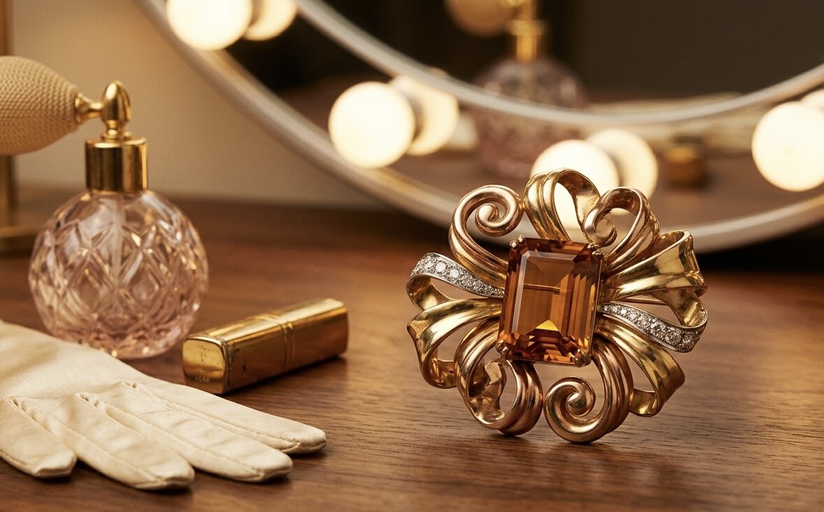 Retro-Cocktailbrosche der 1940er — voluminöse Schleife aus Rosé- und Gelbgold mit Emerald-Cut-Citrin und Diamant-Streifen, im Hollywood-Glamour-Stil.