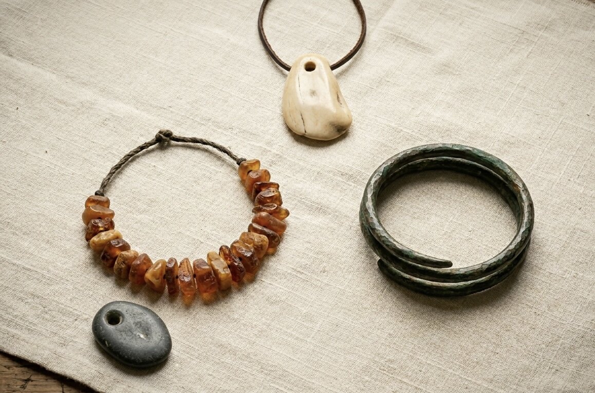 Prähistorischer Schmuck — Knochenanhänger an Lederband, Bernsteinkette, Bronze-Armreif und polierter Steinanhänger auf Leinen.