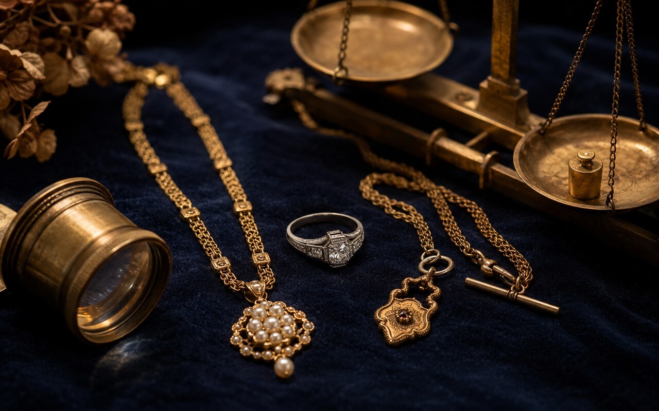 Antiker Goldschmuck — Biedermeier-Kette mit Perlenanhänger, Art-déco-Brillantring und Wilhelminische Albertkette mit Carl-Zeiss-Lupe und Apothekerwaage.