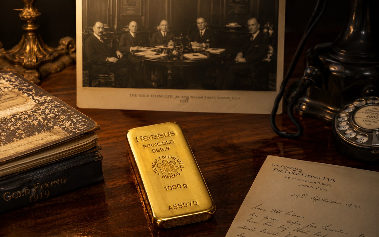 Heraeus 1-kg-Feingoldbarren auf Walnuss-Schreibtisch, im Hintergrund Sepia-Foto der LBMA-Goldfixing-Sitzung 1919 und Brief von 1919.