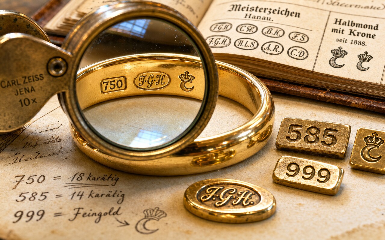 Goldring mit Punze 750 und Meisterzeichen FGH unter Carl-Zeiss-Jena-Lupe (10×), daneben deutsches Punzen-Buch mit Halbmond-mit-Krone-Referenz.