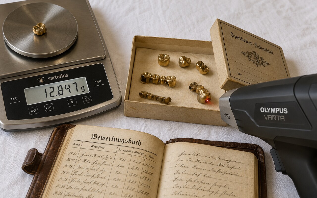 Sartorius-Präzisionswaage mit Goldkrone (12,847 g), Apotheker-Schachtel mit sortiertem Zahngold, Olympus-Vanta-XRF und Sütterlin-Bewertungsbuch.