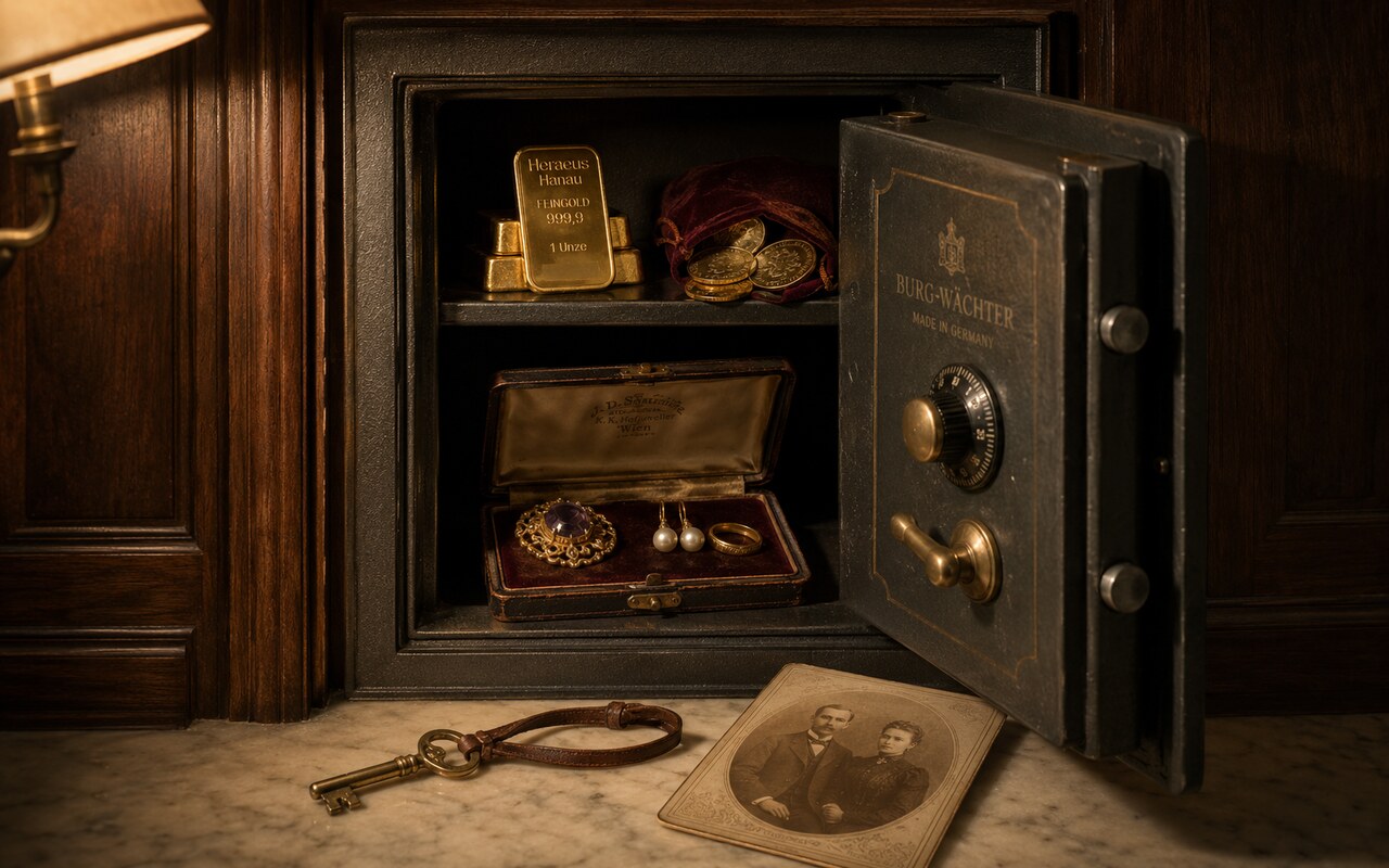Antiker Stahltresor halb geöffnet — drei Heraeus-Feingoldbarren, Wiener Philharmoniker, Schmucketui mit Biedermeier-Brosche, davor Sepia-Familienfoto.