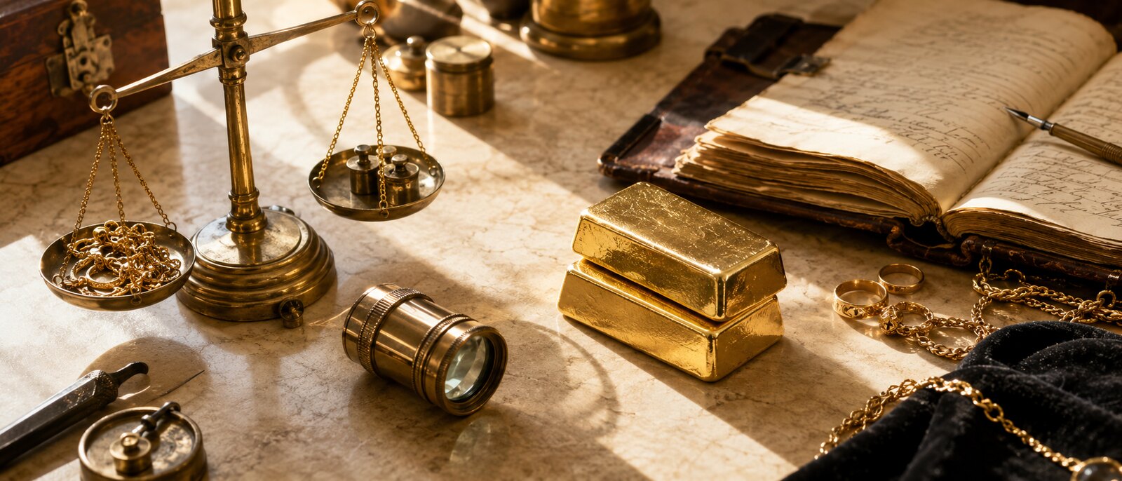 Jeweler's workspace im warmen Licht — Präzisionswaage mit Goldketten, Lupe, Goldbarren und antikes Bewertungsbuch auf cremefarbenem Untergrund