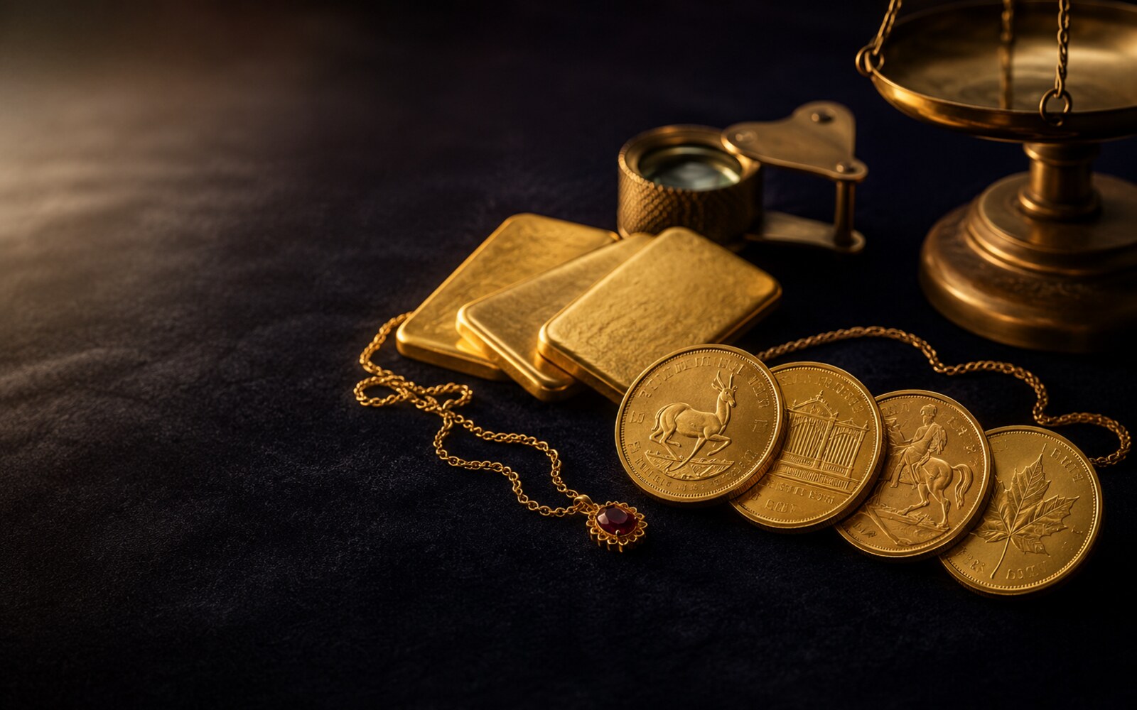 Goldankauf-Auswahl auf dunkelblauem Samt — drei Goldbarren, vier Anlagemünzen (Krugerrand, Philharmoniker, Sovereign, Maple Leaf), feine Goldkette mit Rubin-Anhänger, vintage Lupe und Präzisionswaage
