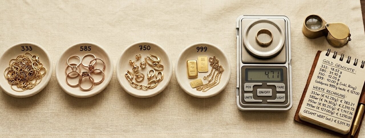 Nach Karat sortierter Goldschmuck in beschrifteten Schälchen — 333er, 585er, 750er getrennt, daneben Lupe und Notizblock mit notierten Gewichten.