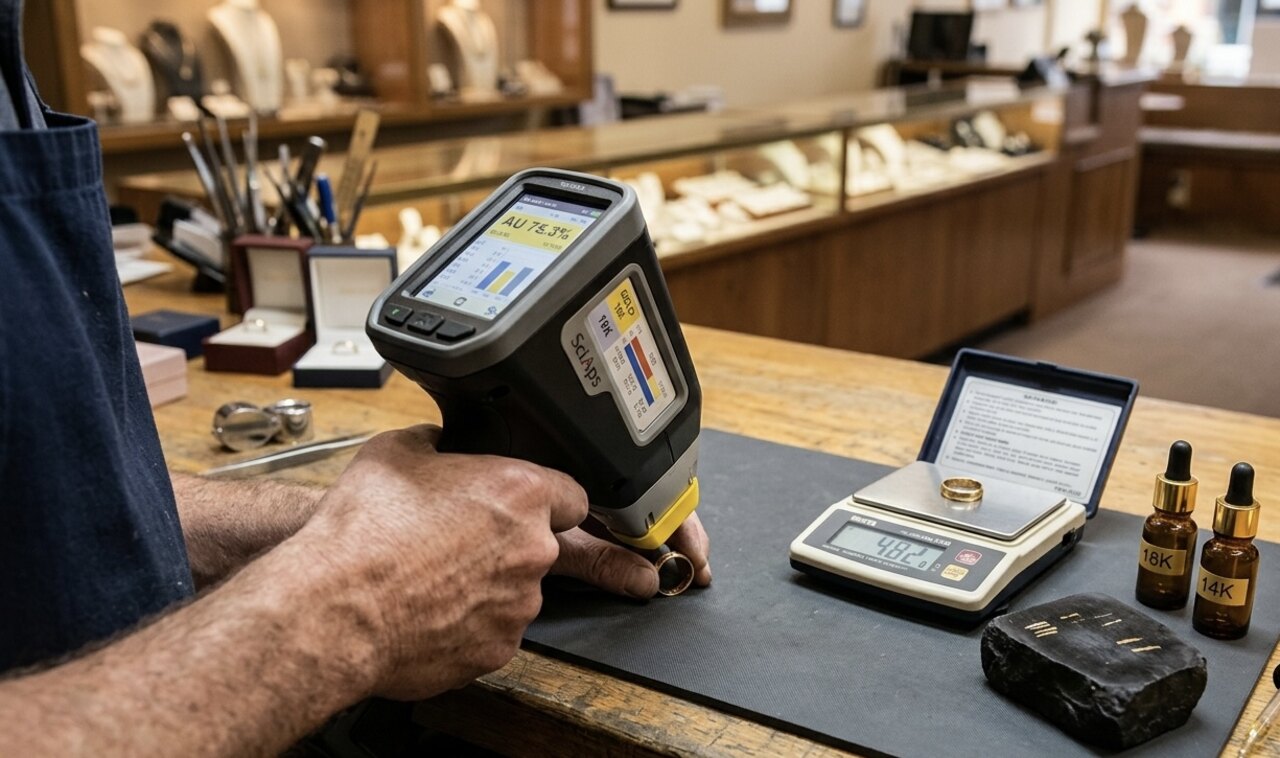 Offene Goldprüfung am Tresen — Hände führen ein XRF-Analysegerät an einen Goldring, daneben geeichte Waage mit digitaler Anzeige und Prüfstein.