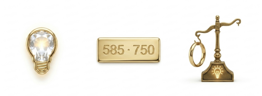 Goldwaage mit Goldring, Glühbirnen-Symbol für Tipps und Karat-Plakette 585/750 auf weißem Hintergrund
